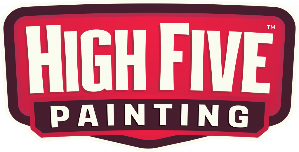 High Five Painting logo in bold cream lettering on a red and maroon badge
