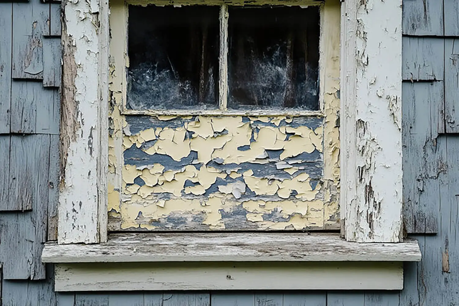Severely peeling and flaking exterior paint around a window frame on wood siding, showing what causes exterior paint to fail early.