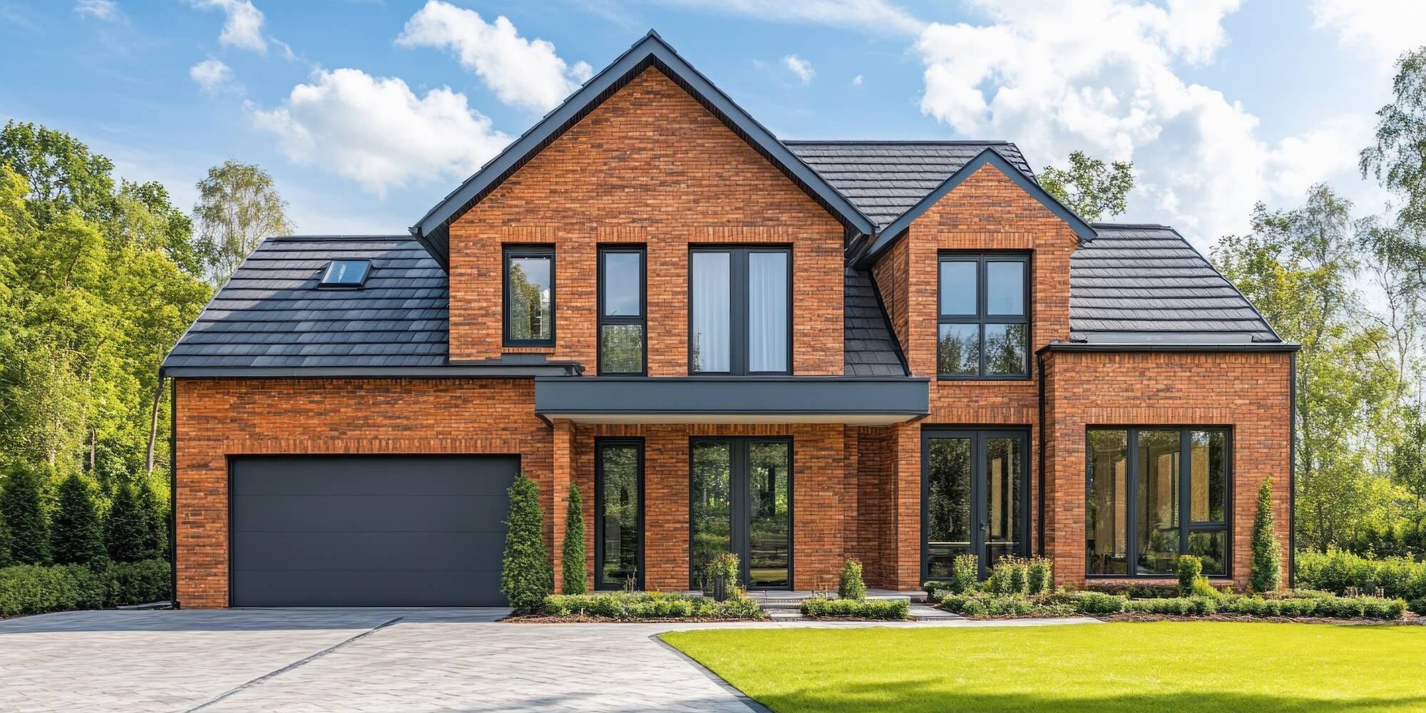 Modern two-storey red brick home with charcoal window frames and garage door, representing brick staining services in London, Ontario