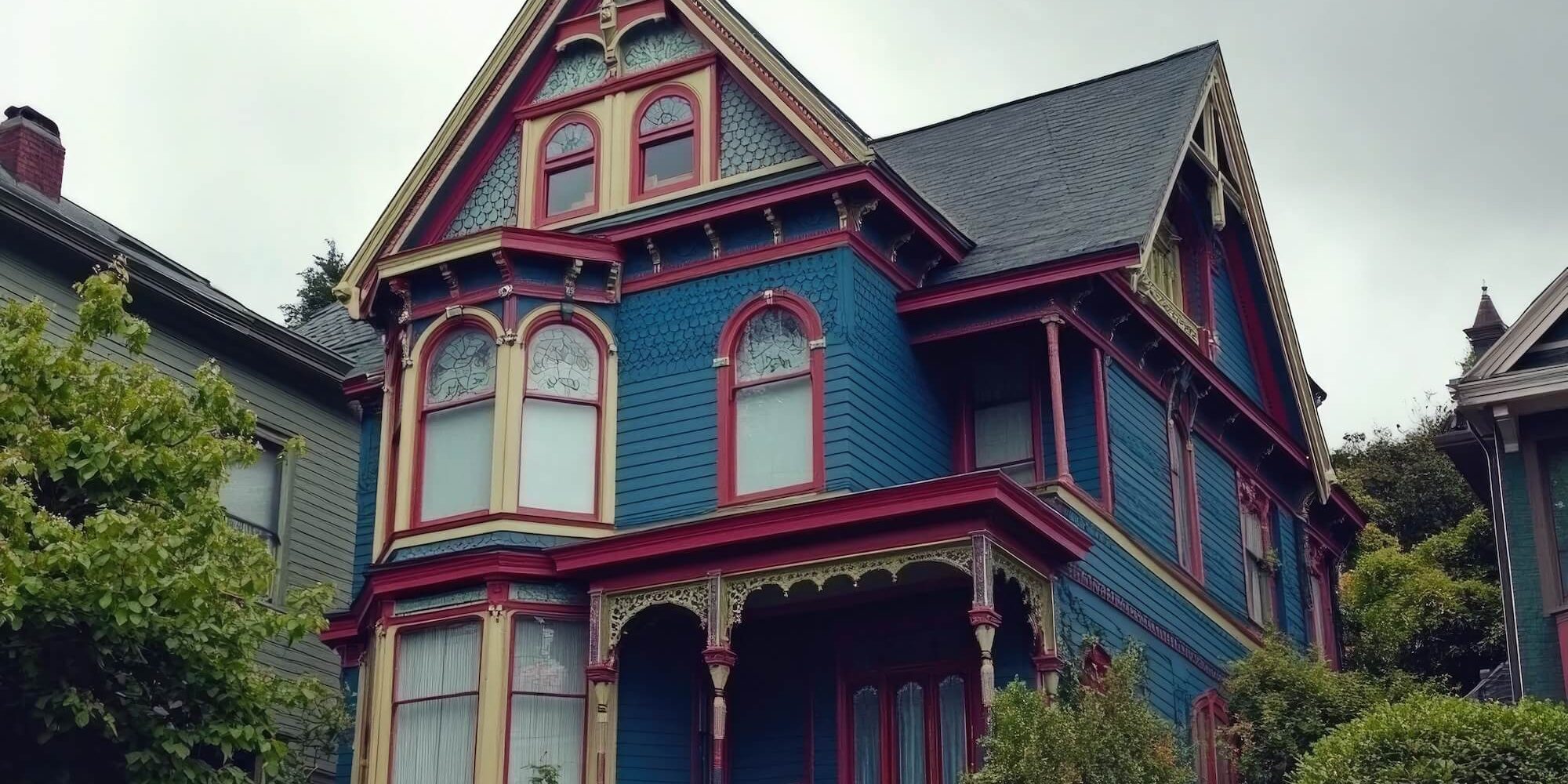 Victorian heritage home with blue siding, red and cream trim, arched windows and ornate porch details, representing heritage home painting services in London, Ontario