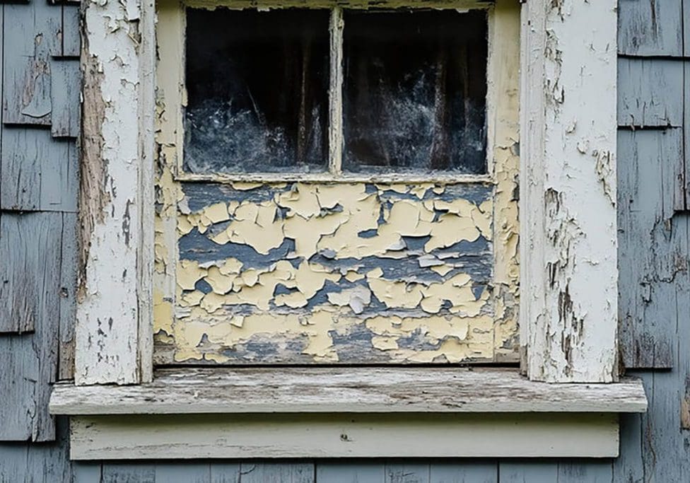 Severely peeling and flaking exterior paint around a window frame on wood siding, showing what causes exterior paint to fail early.